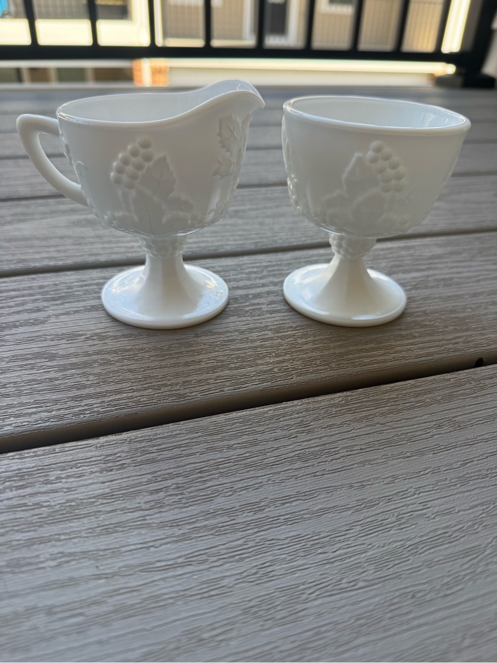 Vintage White Milk Glass Grape Pattern Creamer & Sugar Bowl Pedestal Set